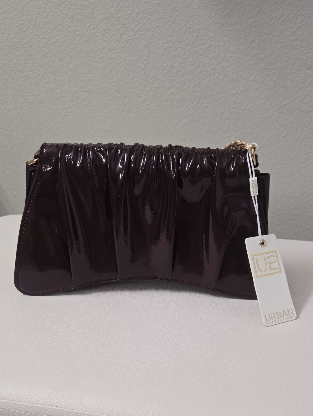 Urban Expressions Patent Shoulder Bag in Deep Plum with Gold Chain